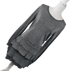 BCBGMAXAZRIA! BLACK & SILVER KNIT, LONG SLEEVE, RANDOM TIERED DRESS! SZ M